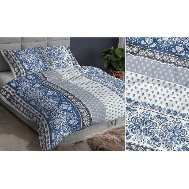 Povlečení saténové 160x200 modré ornamenty se zapínáním na zip Karo Satin