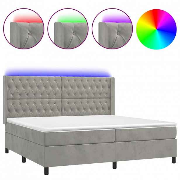 vidaXL Box spring postel s matrací a LED světle šedá 200x200 cm samet