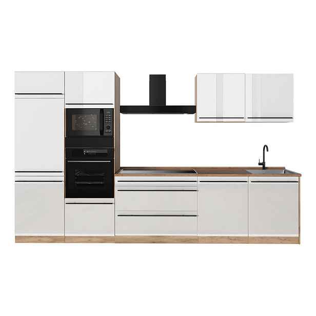 Vicco KUCHYŇSKÝ KOUT R-Line, Bílá vysoký lesk/Zlatý mocný dub, 340 cm pracovná doska Dub Goldkraft