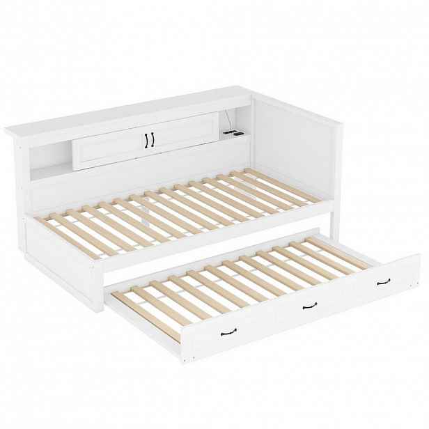 Modfu DĚTSKÁ postel z dřevotřísky a MDF 90x200 cm bílá s LED osvětlením, výsuvným lůžkem, USB a úložným prostorem