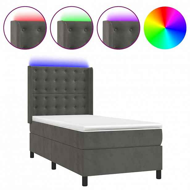 vidaXL Box spring postel s matrací a LED tmavě šedá 80 x 200 cm samet