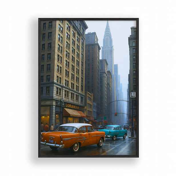 Obraz Auto Klasický New York Vintage Rámeček Dřevěný Černý 30x42 cm