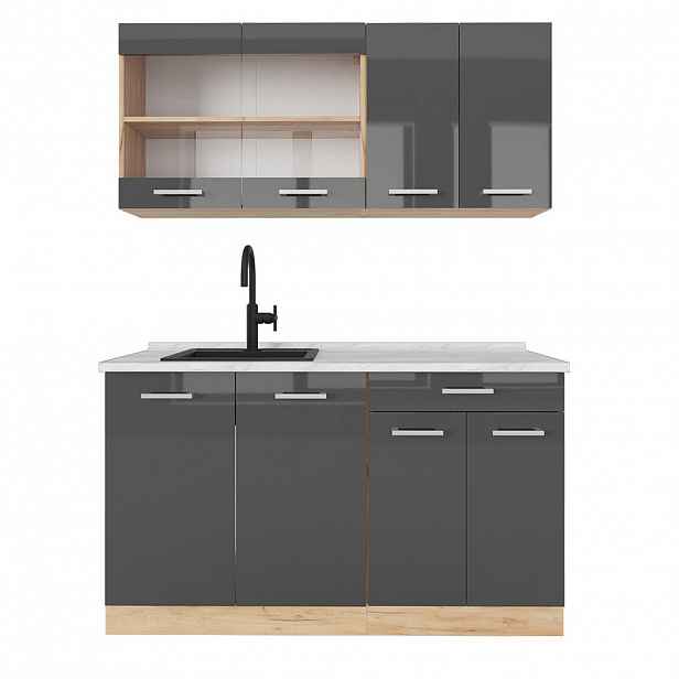 Vicco JEDNOTKOVÁ KUCHYNĚ R-Line Antracitový vysoký lesk/zlatý dub power 140 cm , PD Mramor