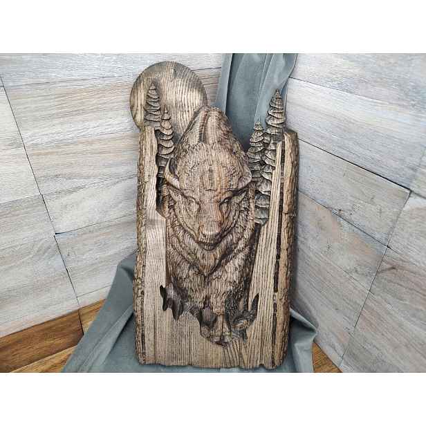 Dřevěný obraz Bizon jako dárek pro lesního myslivce, dřevoryt, 40 cm