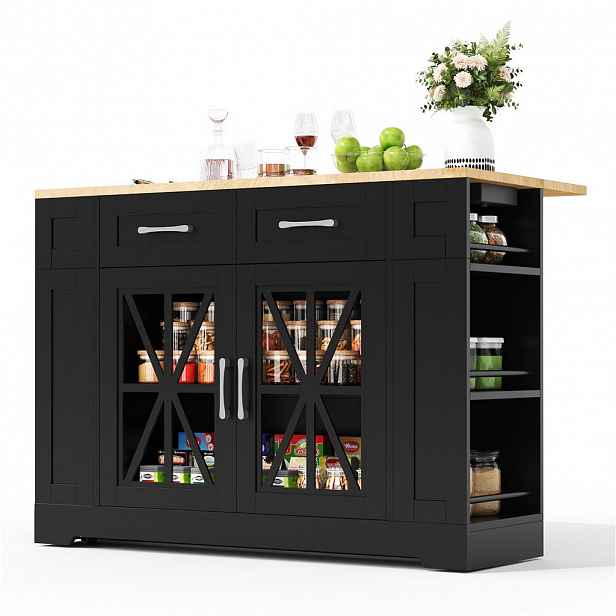 Redom KUCHYŇSKÝ ostrůvek 120/40(65)/92 cm s výklopným jídelním stolem, zásuvkami a USB, na kolečkách, Černá a přírodní