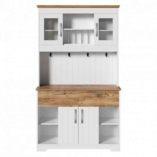 Urban Meuble HIGHBOARD v bílé barvě a dekoru dřeva, spousta úložného prostoru a s vitrínovými přihrádkami