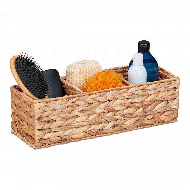 Koš Relaxdays se 3 přihrádkami, vodní hyacint, hnědý, pro kosmetiku, doplňky