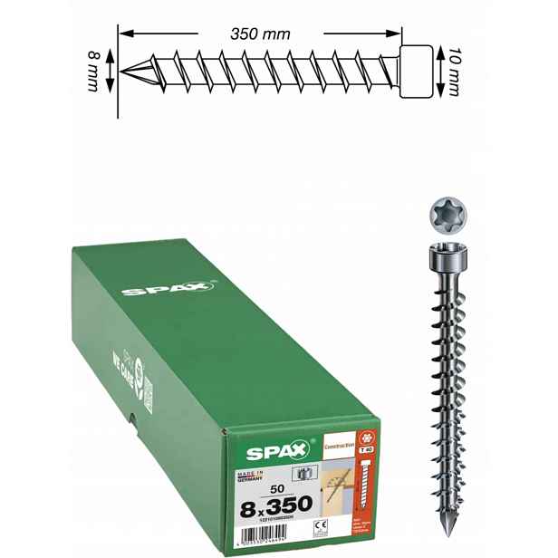 Šrouby Wirox pro konstrukci, plný závit, válec spax 8 x 350 mm, 50 ks