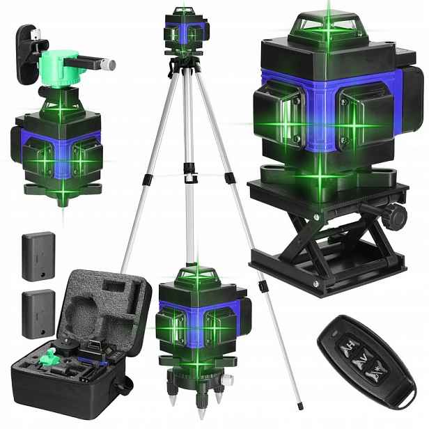 Křížový Laser Laserová vodováha 16 linek Stativ 120 cm 4D Zelená 2xAKU