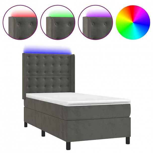 vidaXL Box spring postel s matrací a LED tmavě šedá 90x190 cm samet