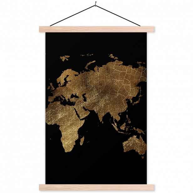 MuchoWow PLAKÁT S MAGNETICKOU LIŠTOU Mapa světa - Zlatá - Luxusní - Země - Černá 60x90 cm