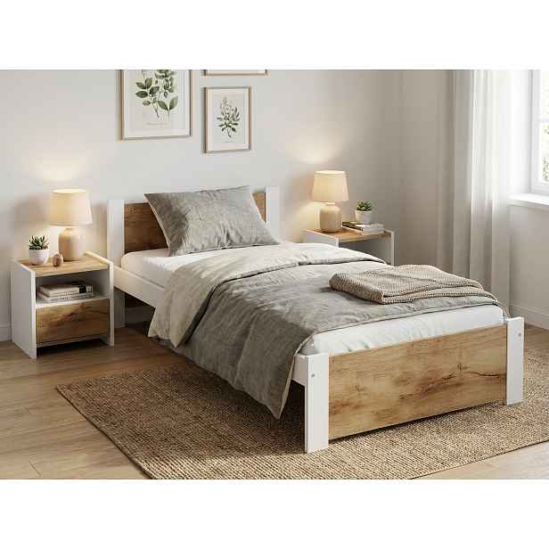 Postel IKAROS 80 x 200 cm, bílá/dub artisan Rošt: S lamelovým roštem, Matrace: Matrace Deluxe 10 cm