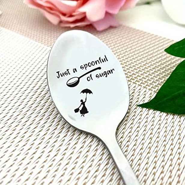 TEMU Gravírovaná nerezová lžička s nápisem "Just a Spoonful of Sugar" - Perfektní na kávu, zmrzlinu, čaj a dezerty - Ideální dárek k narozeninám a na