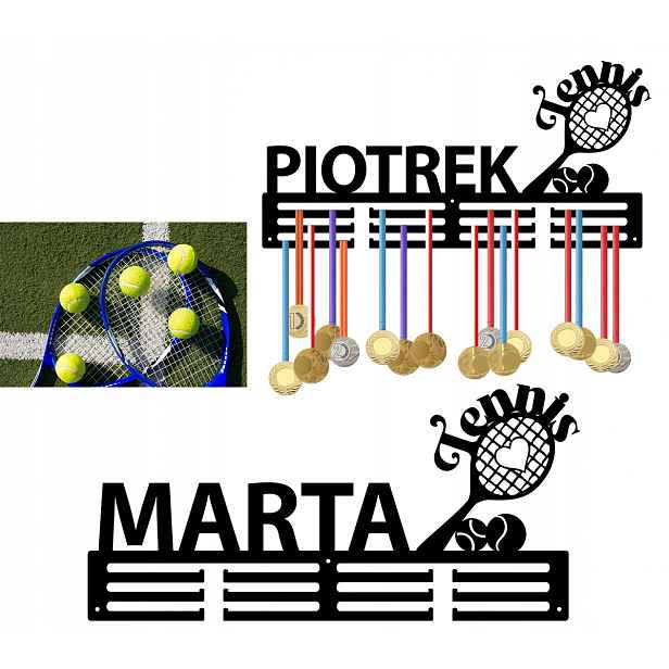 Věšák držák na medaile háček Jméno nápis logo Černý Tenis Zemní