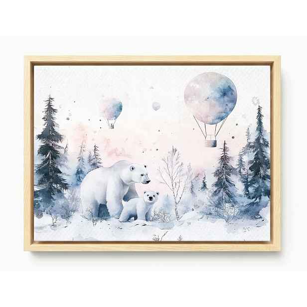 Obraz Rám Americký Box Zima Sníh Les Bílý Medvídek Balóny Procházka 80x60