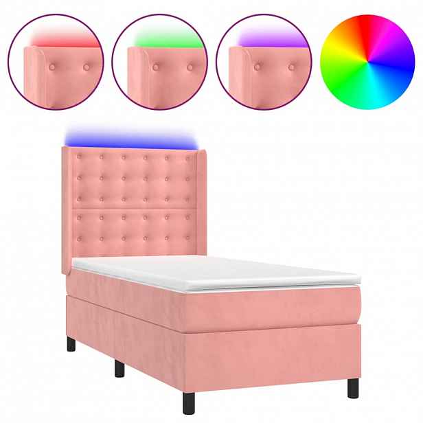 vidaXL Box spring postel s matrací a LED růžová 90x190 cm samet