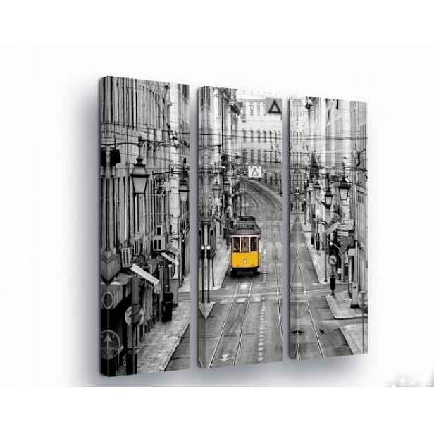 Obraz 90x100 Žlutá tramvaj stará ulice město černobílé nostalgie cestování