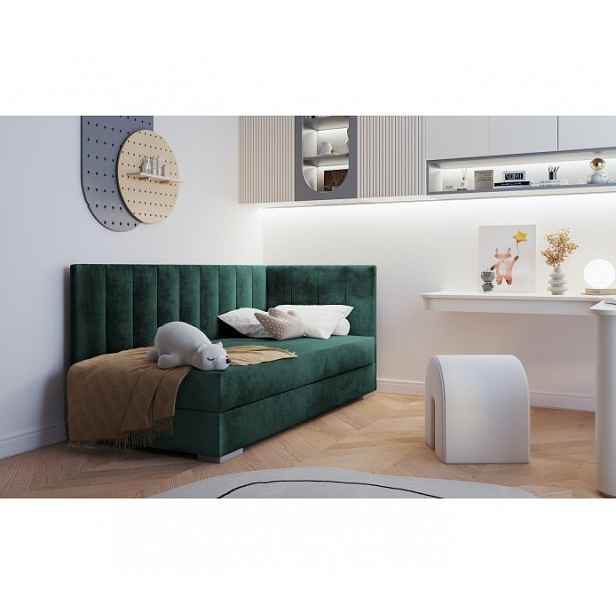 Jednolůžková čalouněná postel s úložným prostorem 90x200 BEGRA 5 - zelená, pravé provedení