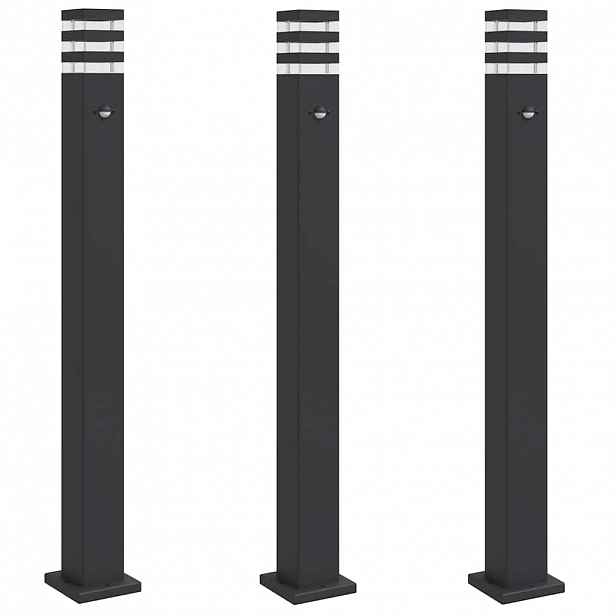 vidaXL Venkovní stojací lampy s čidlem 3 ks černé 110 cm hliník