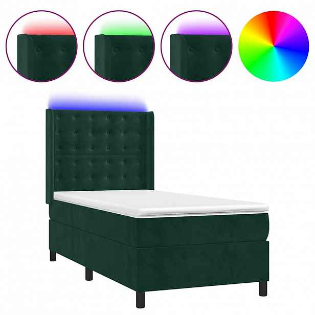vidaXL Box spring postel s matrací a LED tmavě zelená 90x200 cm samet