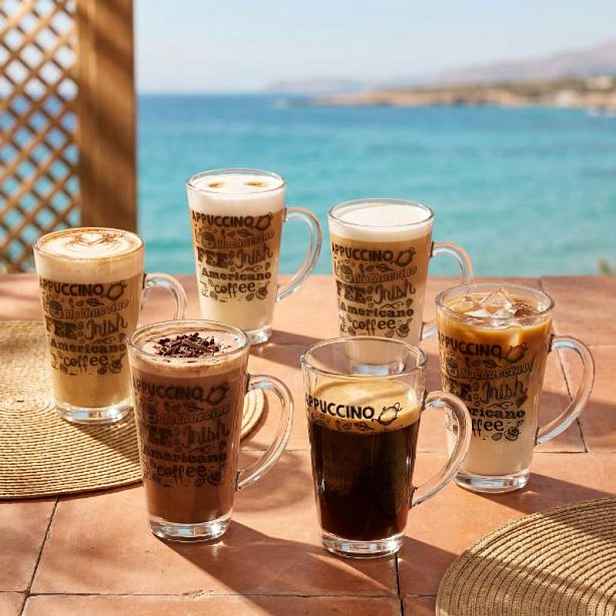 TEMU Sada 6 skleněných kávových hrnků 300ml s a potiskem, průhledné skleněné šálky na latte, cappuccino, espresso a ledovou kávu, vysoká kvalita,