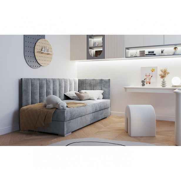 Jednolůžková čalouněná postel s úložným prostorem 90x200 BEGRA 6 - šedá, pravé provedení