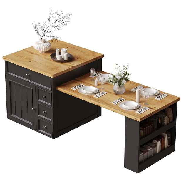 EVRYAE KUCHYŇSKÝ OSTRŮVEK Rozkládací se zásuvkami pojízdný s kolečky do kuchyně a jídelny Černá MDF 120 až 184 cm