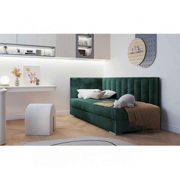Jednolůžková čalouněná postel s úložným prostorem 90x200 BEGRA 6 - zelená, levé provedení