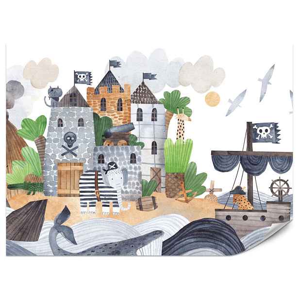 Muralo FOTOTAPETA do Dětského Pokoje Pohádková Pirátská Pevnost Loď Mořské Vlny 500x350