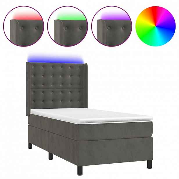 vidaXL Box spring postel s matrací a LED tmavě šedá 100x200 cm samet