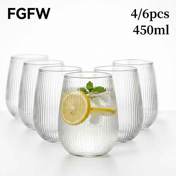 TEMU FGFW 6/4 ks 450 ml (15,8 oz) krátké kuželovité vertikální skleněné kelímky ve tvaru vajíčka s proužky, vyrobené z borosilikátového skla odolného