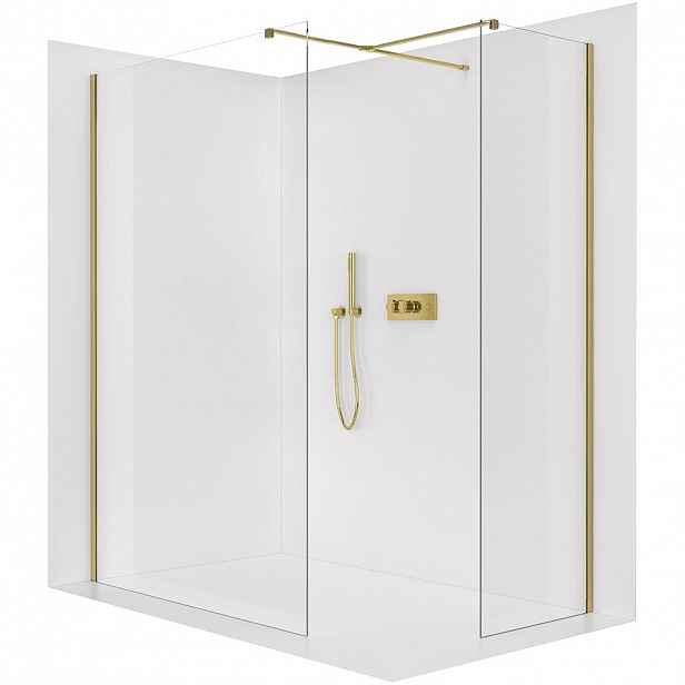Sprchová zástěna Walk-in Onyx T L/P - 8 mm - hranatá vzpěra - zlatá, transparentní sklo - 160x60x200 cm