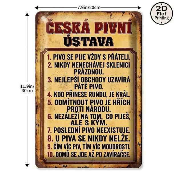 TEMU 2D Plochá, 1 ks Kovová cedule s pravidly českého piva - Retro 8x12 Železná deska s průvodcem českého pivního protokolu, Dekorace na stěnu do