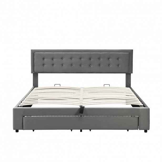 OKWISH ČALOUNĚNÁ postel 160/200 cm šedá ze sametu s úložným prostorem a nastavitelným čelem