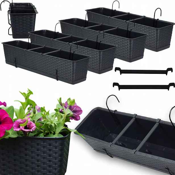 4x Balkonový truhlík Ratolla s podstavcem Květináč obdélníkový 69 Cm háčky