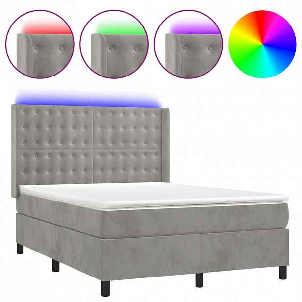 vidaXL Box spring postel s matrací a LED světle šedá 140x190 cm samet