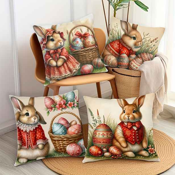 TEMU 4ks povlaků na polštář velikonočního zajíčka, 17,72 x 17,72 palce, současný styl, vintage inspirovaný roztomilý zvířecí dekor s travnatým