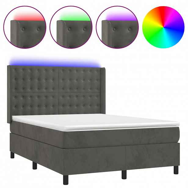 vidaXL Box spring postel s matrací a LED tmavě šedá 140x190 cm samet