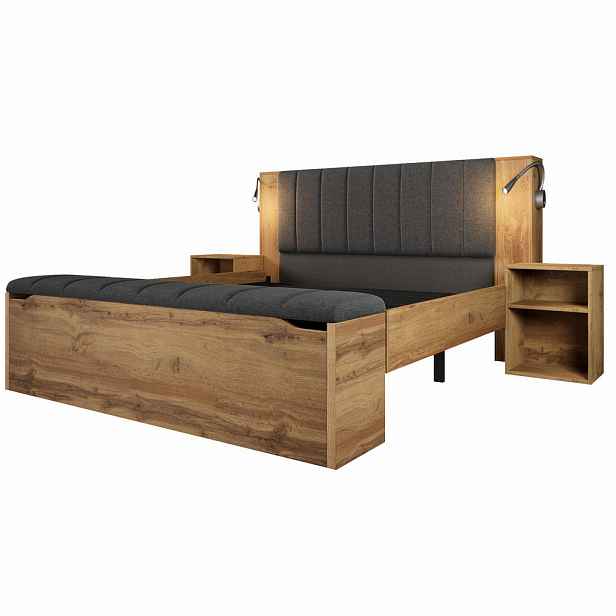 Modfu DVOULŮŽKOVÁ postel ze dřeva 160x200 cm dubová s USB lampičkami, nočními stolky a lavicí s úložným prostorem