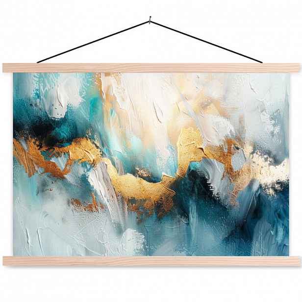 MuchoWow PLAKÁT S MAGNETICKOU LIŠTOU Abstraktní - umění - zlatá - modrá 90x60 cm