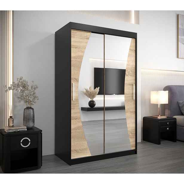 Skříň s posuvnými dveřmi AGATA - 120 cm, černá / dub sonoma