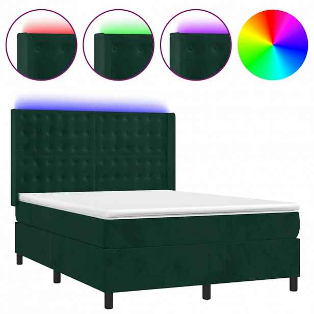 vidaXL Box spring postel s matrací a LED tmavě zelená 140x190 cm samet