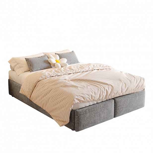 Modfu ČALOUNĚNÁ postel z lnu a MDF 140x200 cm šedá s hydraulickým úložným prostorem a 2 zásuvkami