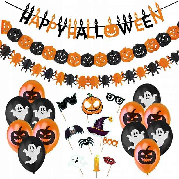 Halloween Dekorace Set Baner Girlanda Dýně Pavouk Balónky Duchové Rekvzity