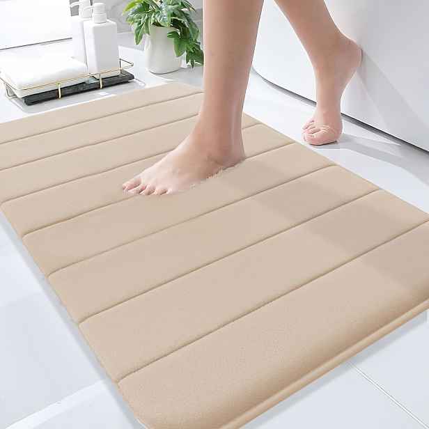 TEMU 1 ks Horizontální Pruhovaná Zesílená Houbičková Koupelnová Předložka, Pohodlná, Měkká Korálová Fleecová, Protiskluzová, Super Absorpční,