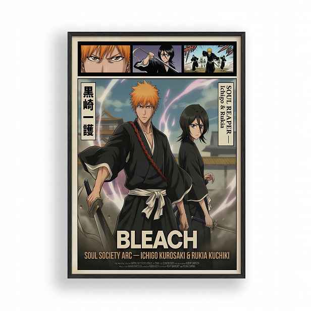 Obraz Bleach Ichigo Rukia Anime Plakát Rámeček Dřevěný Černý 30x42 cm