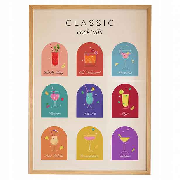 Plakát Classic Cocktails A3 Drink Bar Kuchyňský Rámeček Dřevěný 30x42 cm