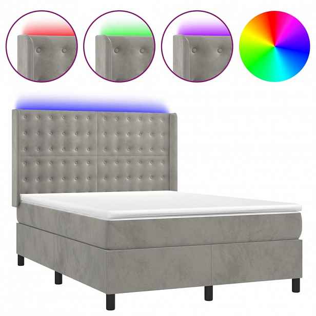 vidaXL Box spring postel s matrací a LED světle šedá 140x200 cm samet