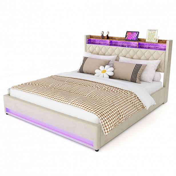 Modfu POLŠTÁŘOVÉ lůžko ze sametu 180x200 cm béžové s úložným čelem a LED světelným páskem