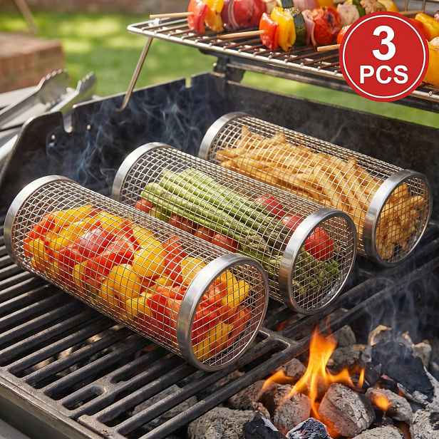 TEMU Válcový roštový košík na grilování, BBQ síťovaná trubka, nerezová drátěná síťka na grilování, kulatá klec na grilování pro zeleninu, hranolky,